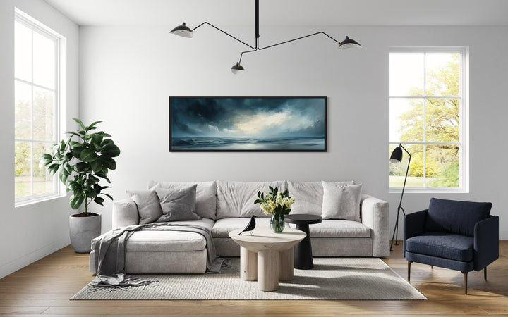 Stormy Horizon Over The Ocean Panoramic Canvas Wall Art in living room