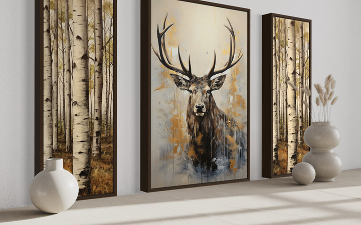 Set Of 3 Deer Flanked By Trees Framed Canvas Wall Art side view