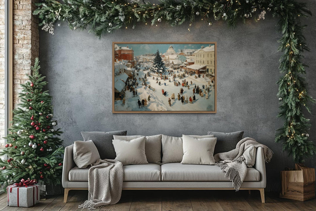Antique Winter Village Christmas Market Scene Canvas Wall Art