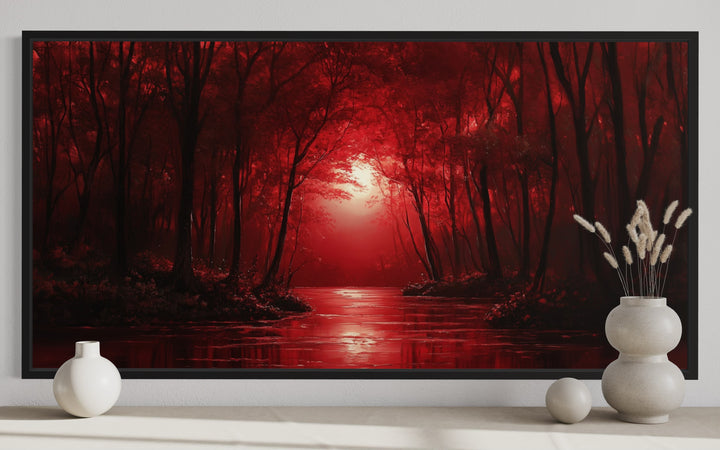 Red Forest And Moon Landscape Framed Canvas Wall Art close up