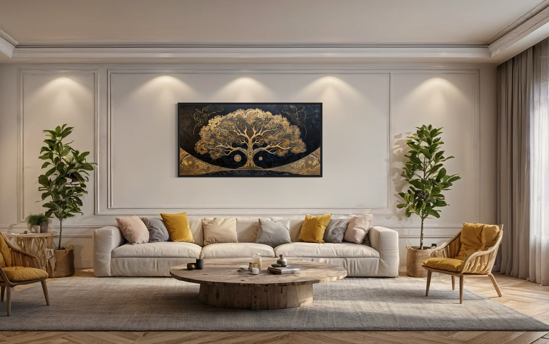 Golden Tree of Life on Black Background Canvas Wall Art in living room