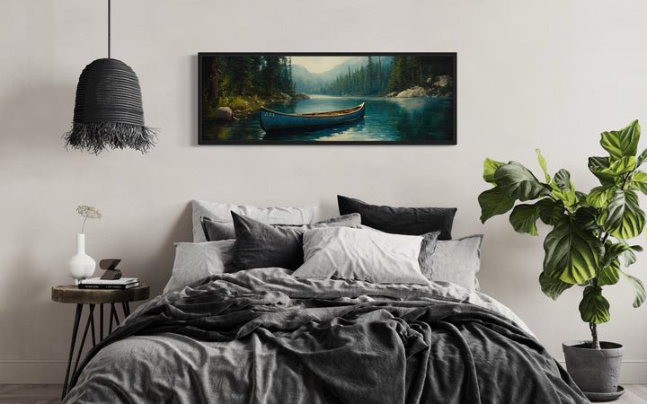 Rustic Blue Canoe In The Lake Framed Canvas Wall Art in bedroom