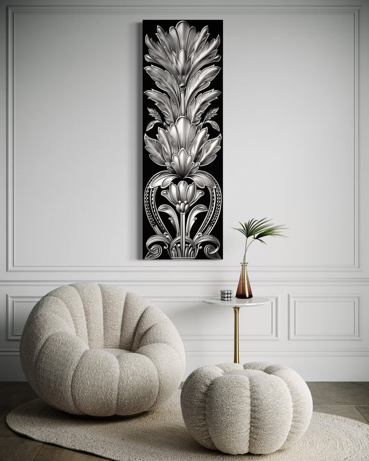 Tall Narrow Black Silver Art Deco Framed Canvas Wall Art in a living room with a chair and ottoman