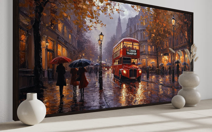 Red Double Decker Bus In Rainy London Framed Canvas Wall Art side view