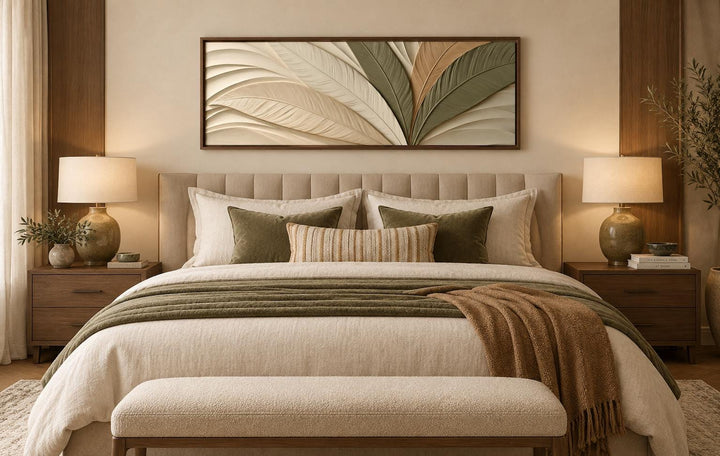 Sculptural Palm Leaf Canvas Print in Warm Cream, Olive, and Tan Tones Above Bed Decor
