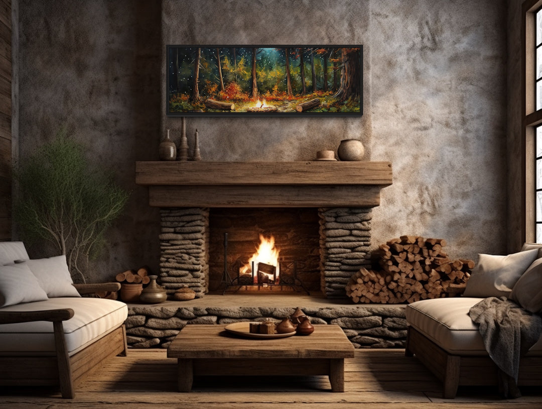 Forest Campfire Cozy Cabin Above Fireplace Mantel Wall Art above fireplace