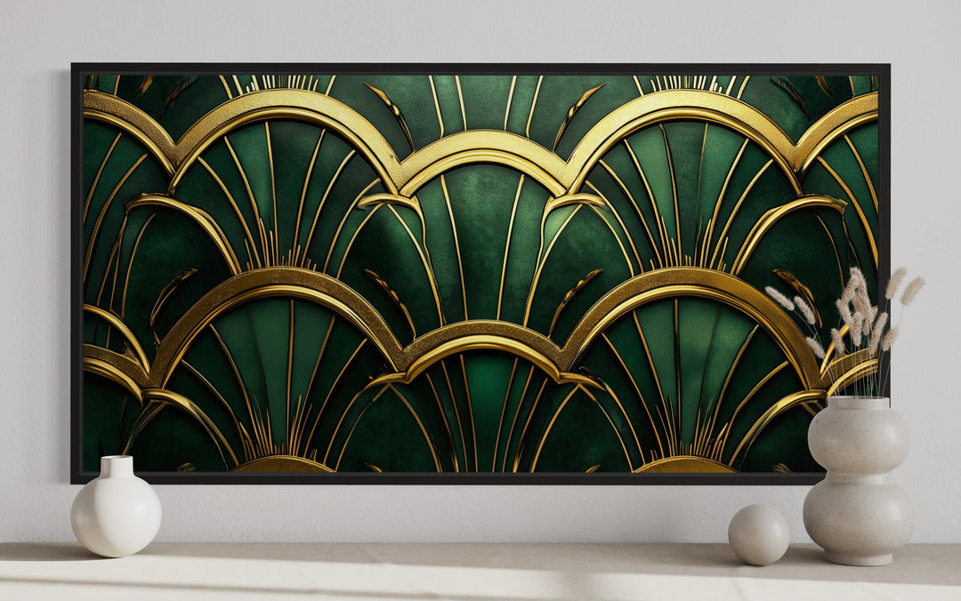 Green Gold Art Deco Horizontal Framed Canvas Wall Art close up