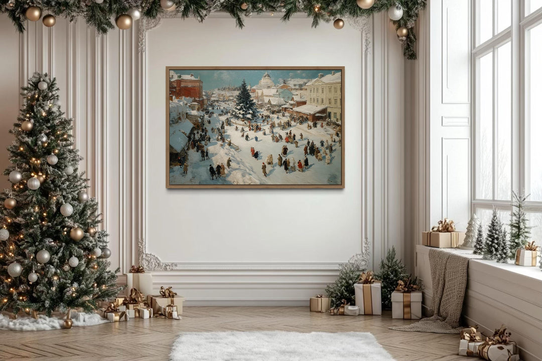 Antique Winter Village Christmas Market Scene Canvas Wall Art