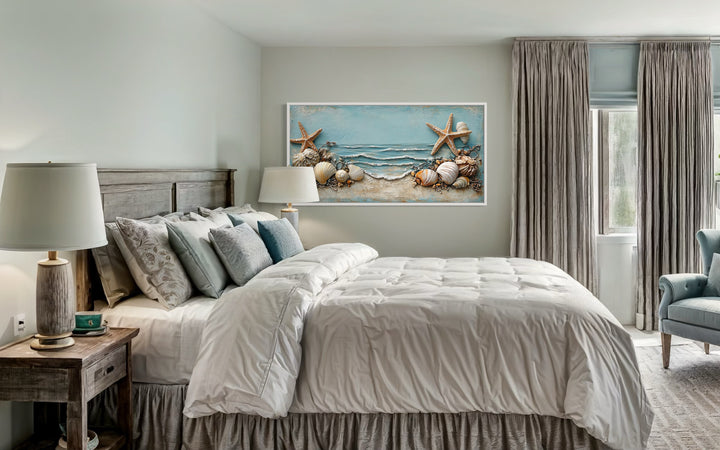 Starfish And Seashells Framed Beach House Canvas Wall Art in coastal bedroom