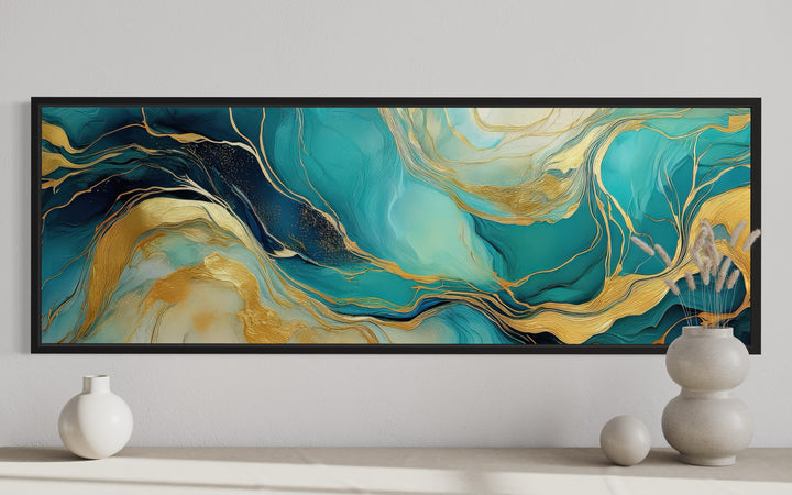 Teal Gold Mable Style Long Narrow Framed Canvas Wall Art close up