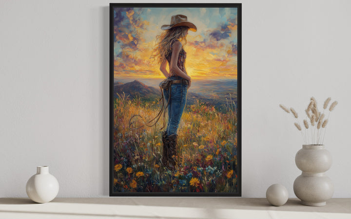 Cowgirl In Wildflowers Field At Sunset Framed Canvas Wall Art close up