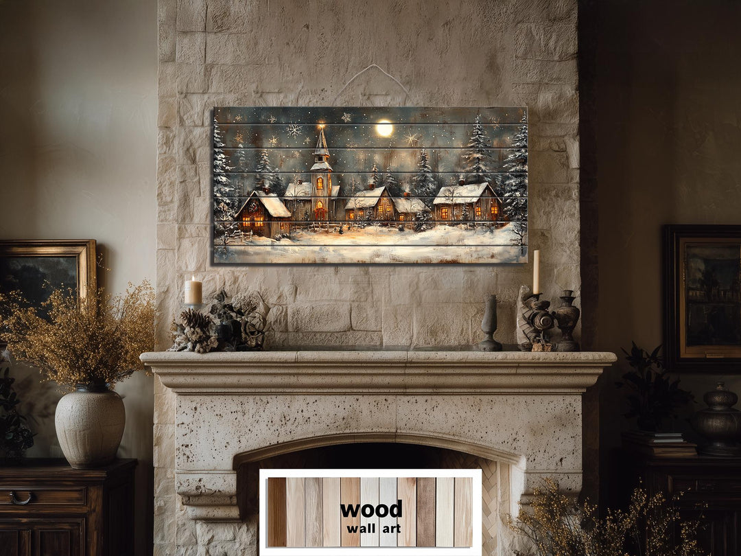 Rustic Christmas Snowy Village Distressed Wood Wall Art