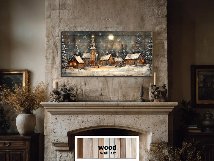 Rustic Christmas Snowy Village Distressed Wood Wall Art