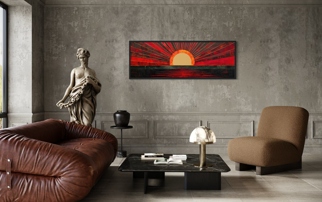 Mid Century Modern Black Red Long Horizontal Sun Wall Art in a living room filled with furniture and a statue