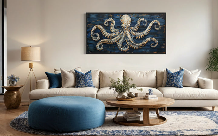 Octopus Painting On Navy Blue Wood Framed Canvas Wall Art