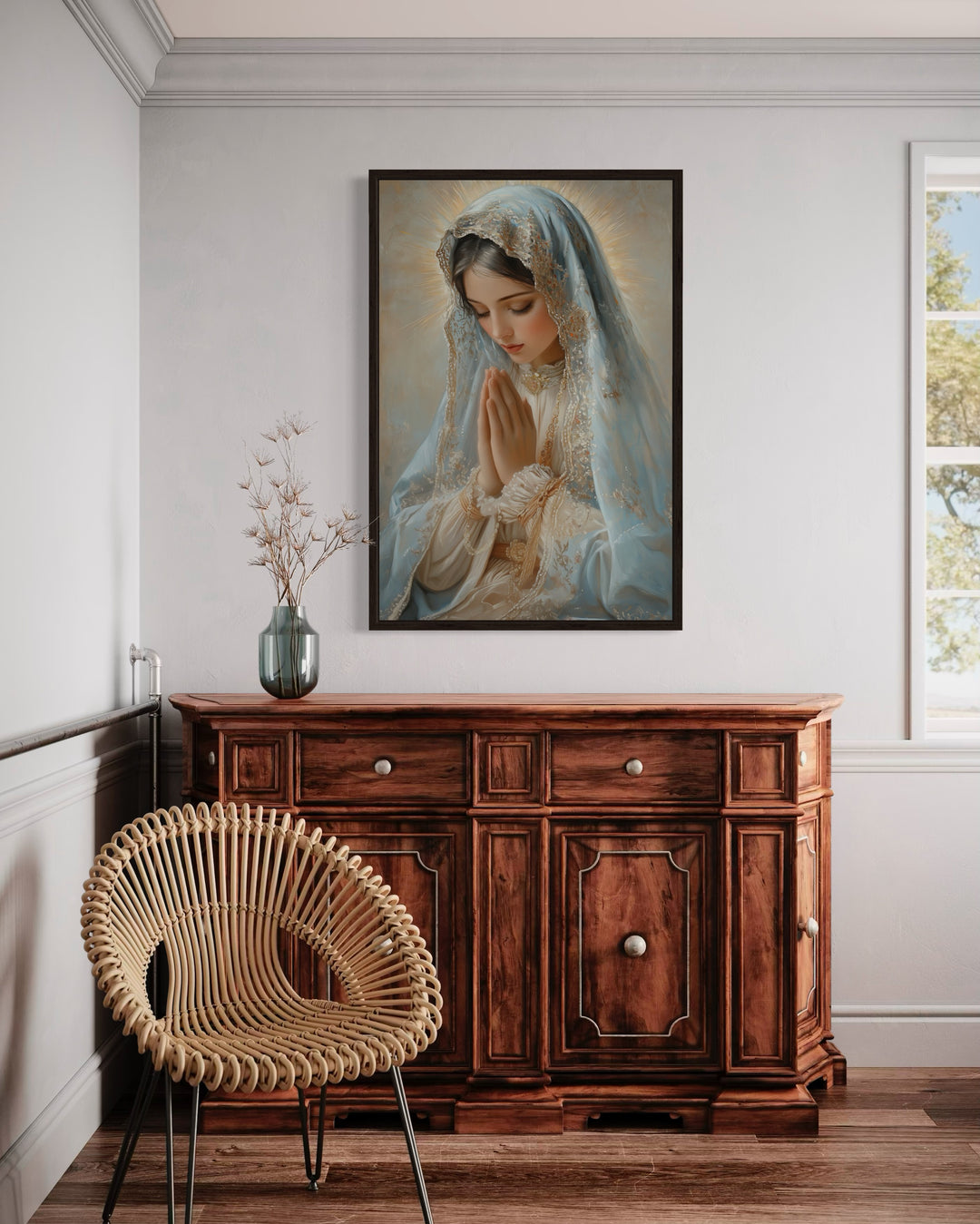 Virgin Mary Praying Framed Christian Canvas Wall Art above dresser