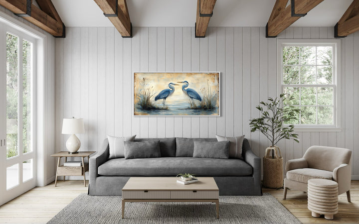 Rustic Blue Herons Horizontal Framed Canvas Wall Art in beach house