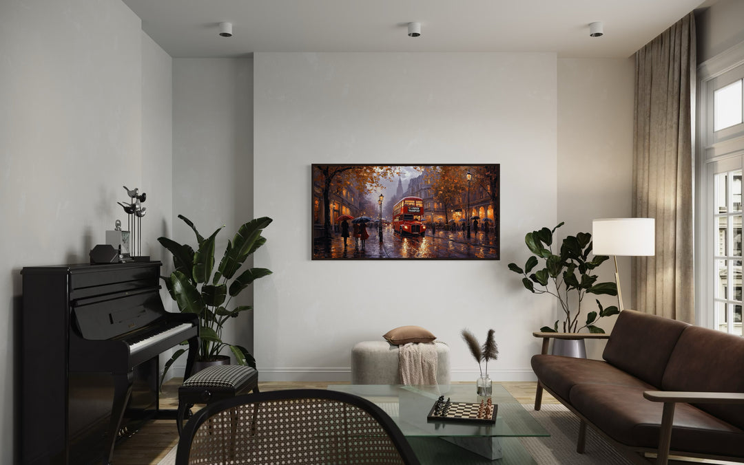 Red Double Decker Bus In Rainy London Framed Canvas Wall Art in a living room with a piano