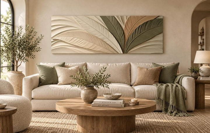 Sculptural Palm Leaf Canvas Print in Warm Cream, Olive, and Tan Tones Above Bed Decor