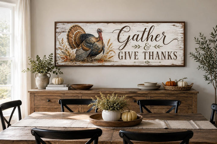 Rustic turkey wall art with 'Gather & Give Thanks' text above a farmhouse dining room sideboard.