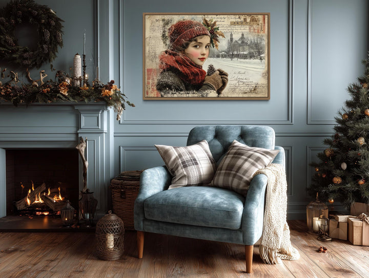 Christmas Girl Vintage Postcard Style Framed Canvas Wall Art