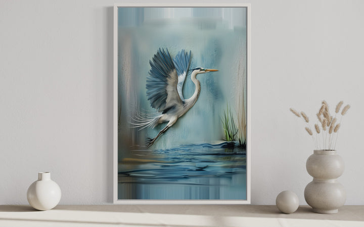 Blue Heron Flying Rustic Coastal Framed Canvas Wall Art