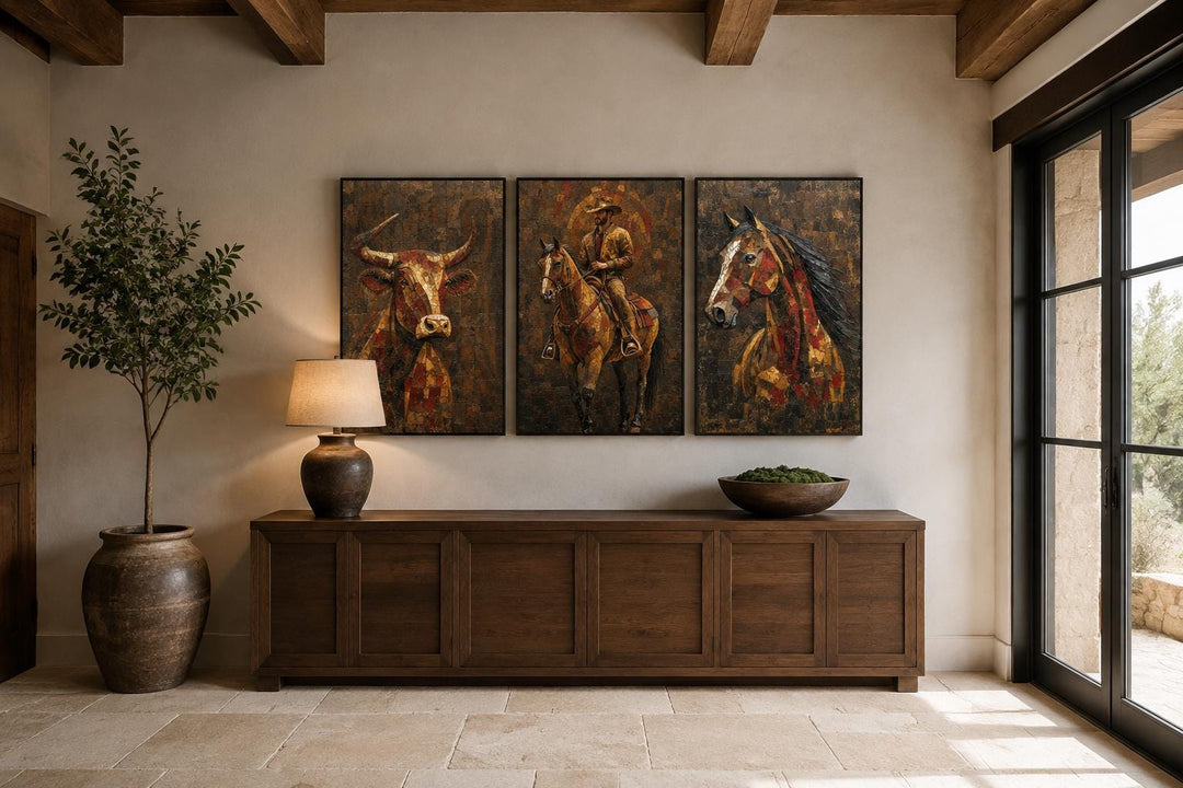 Western Wall Art Set Of 3 – Cowboy, Longhorn Bull, and Horse Canvas Prints for Rustic Ranch or Man Cave Decor