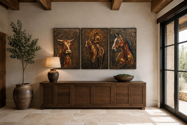 Western Wall Art Set Of 3 – Cowboy, Longhorn Bull, and Horse Canvas Prints for Rustic Ranch or Man Cave Decor