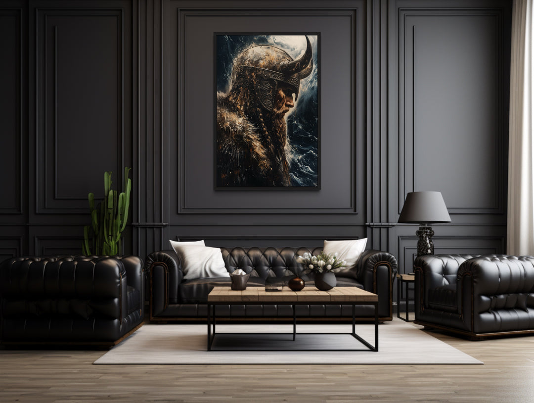 Viking On Ocean Background Framed Canvas Wall Art in a living room with a couch, chair