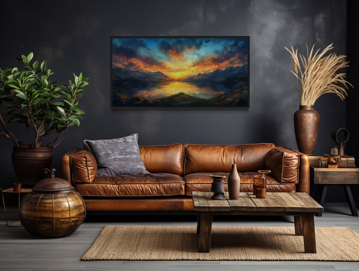 Mountain Lake Sunset Nature Landscape Framed Canvas Wall Art above brown couch