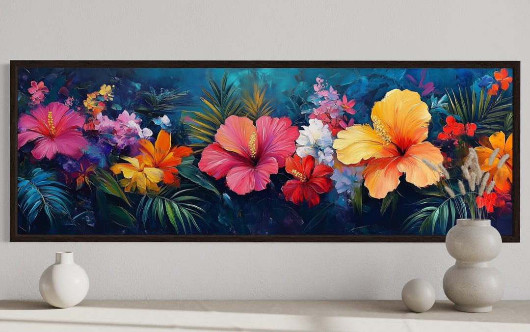 Large Colorful Flowers On Blue Background Horizontal Framed Canvas Wall Art close up