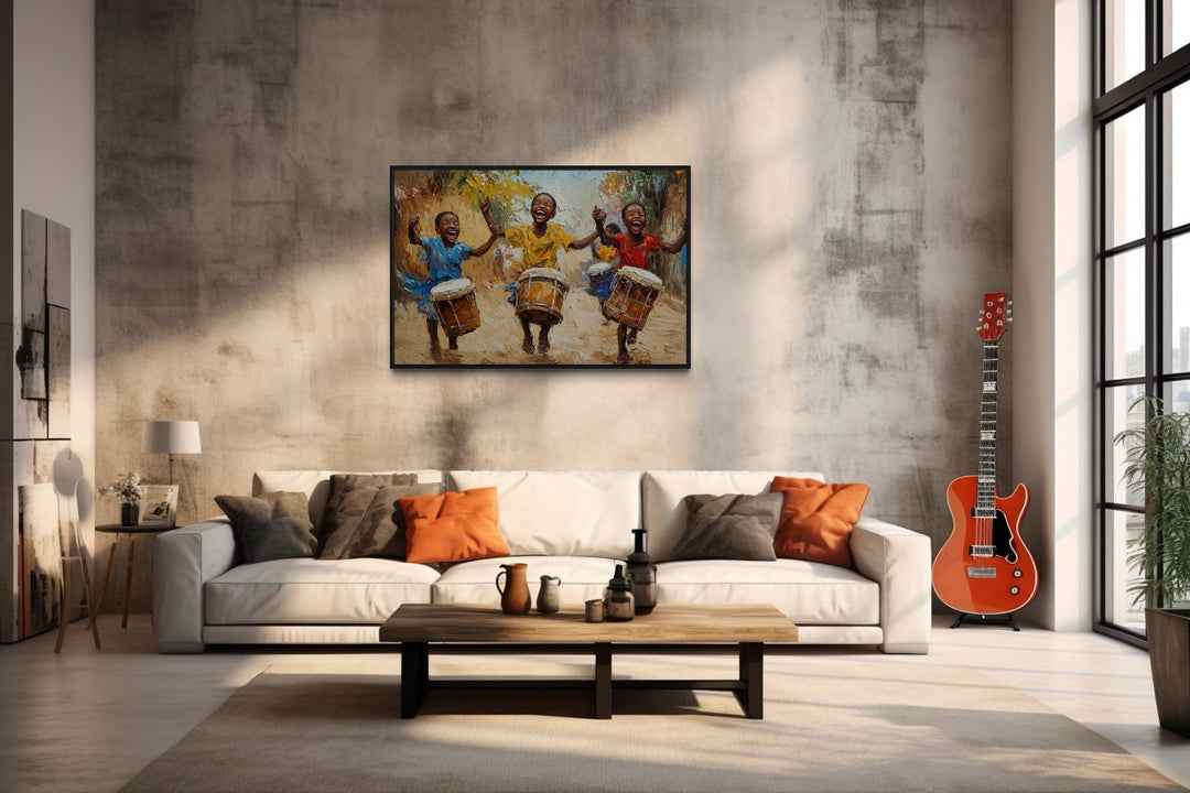 Happy African Kids Playing Drums Framed Canvas Wall Art in a living room filled with furniture