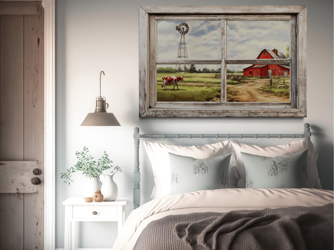 Farm With Red Barn And Cow Open Window Wall Art in bedrom