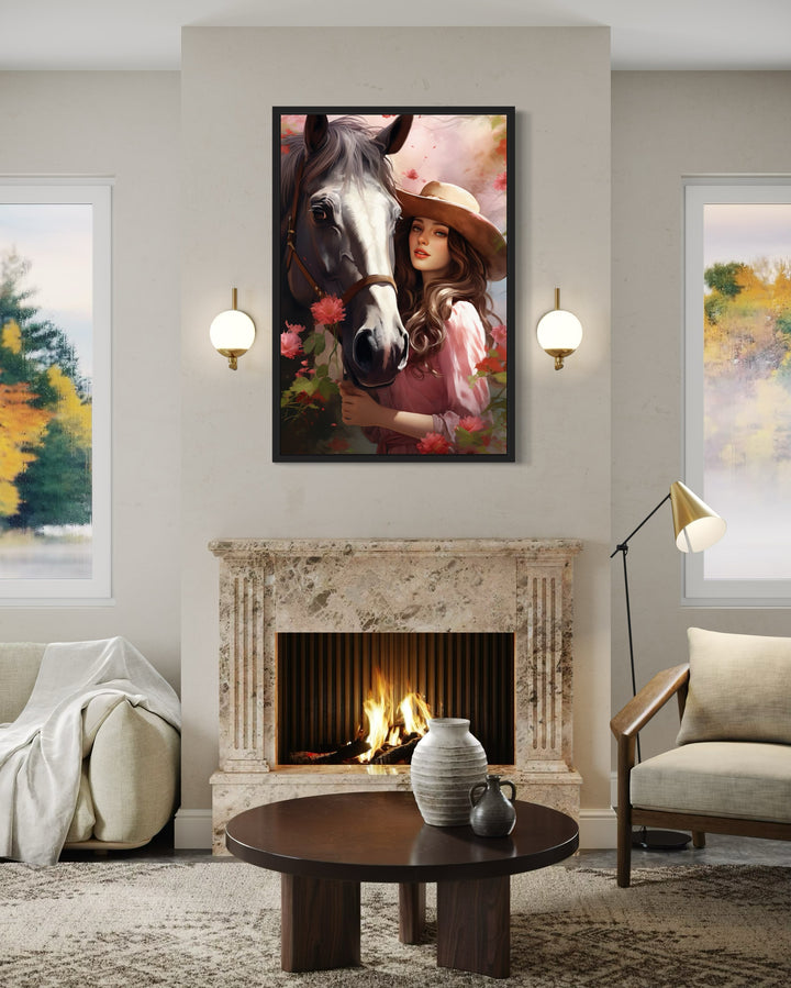 Western Cowgirl and Horse Floral Portrait Canvas Wall Art above fireplace