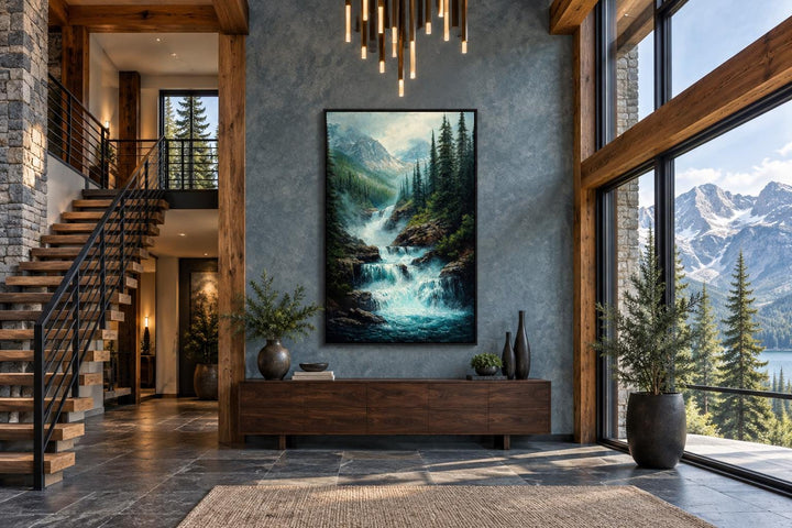 Vertical canvas wall art of a mountain waterfall landscape in a modern rustic living room.