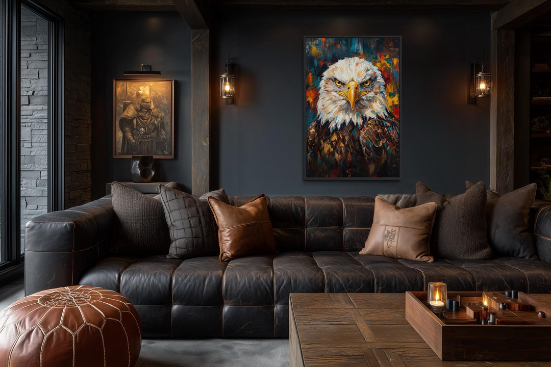 Bald eagle canvas wall art with colorful abstract brushstrokes in a dark, masculine living room.
