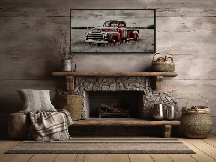 Old Red Truck On The Farm Rustic Chic Framed Canvas Wall Art above mantel