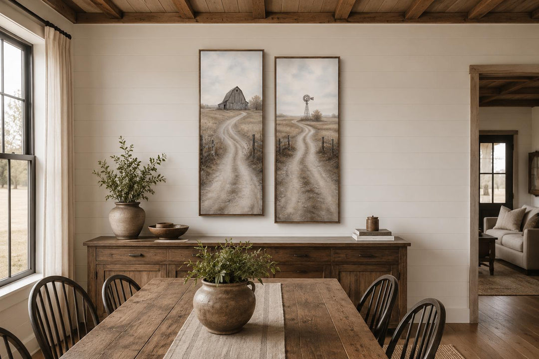 Set of 2 tall narrow farmhouse wall art panels featuring a barn and windmill in golden fields.
