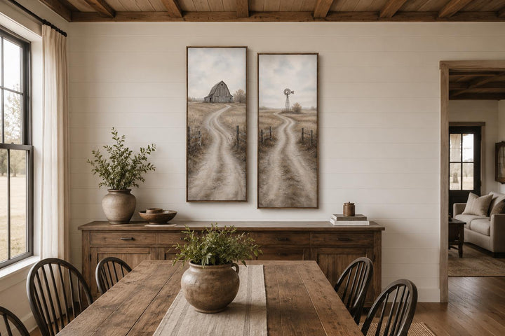 Set of 2 tall narrow farmhouse wall art panels featuring a barn and windmill in golden fields.
