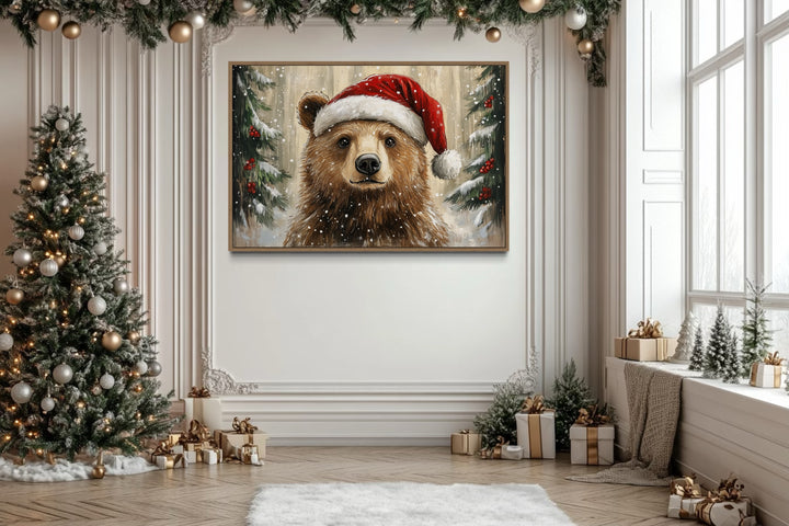 Christmas Bear In Santa's Hat Framed Canvas Wall Art in christmas room