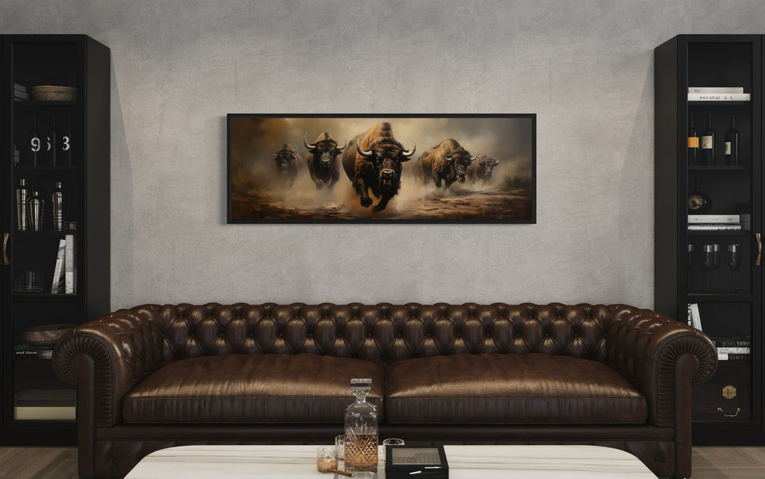 Herd of Running Bisons Long Horizontal Framed Canvas Wall Art in man cave