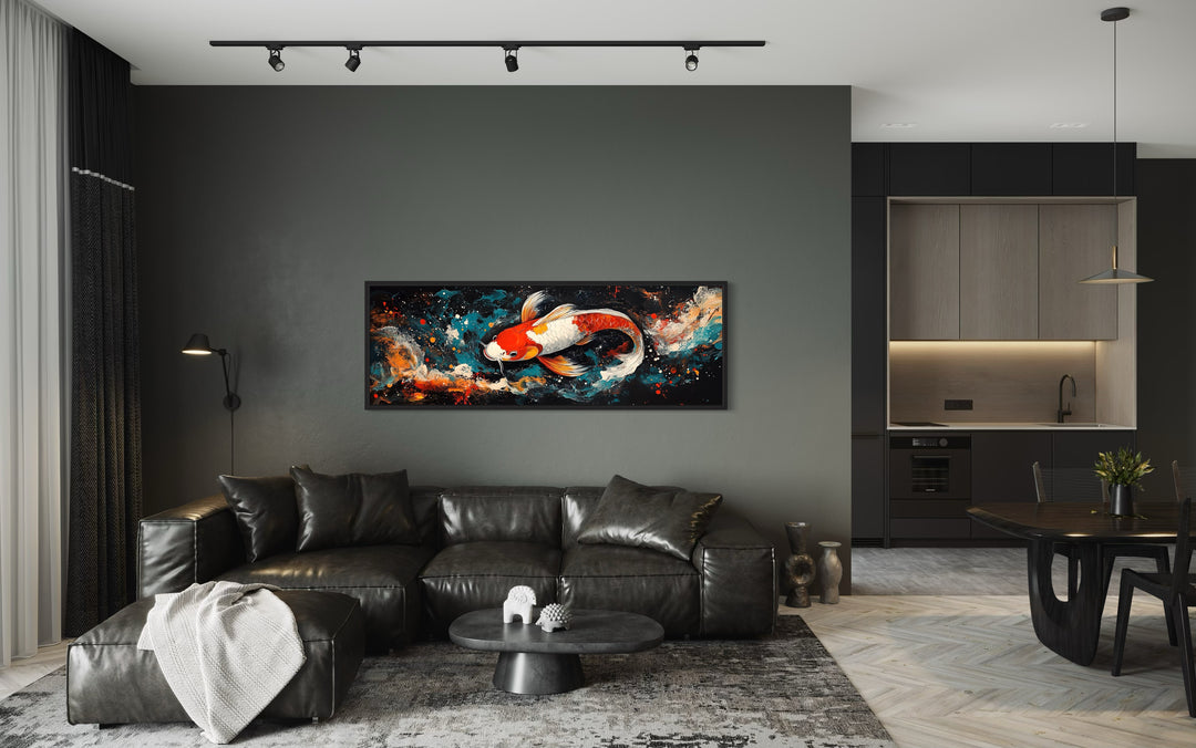 Vibrant Japanese Koi Canvas Print Zen Inspired Over Bed Wall Decor in dark living room