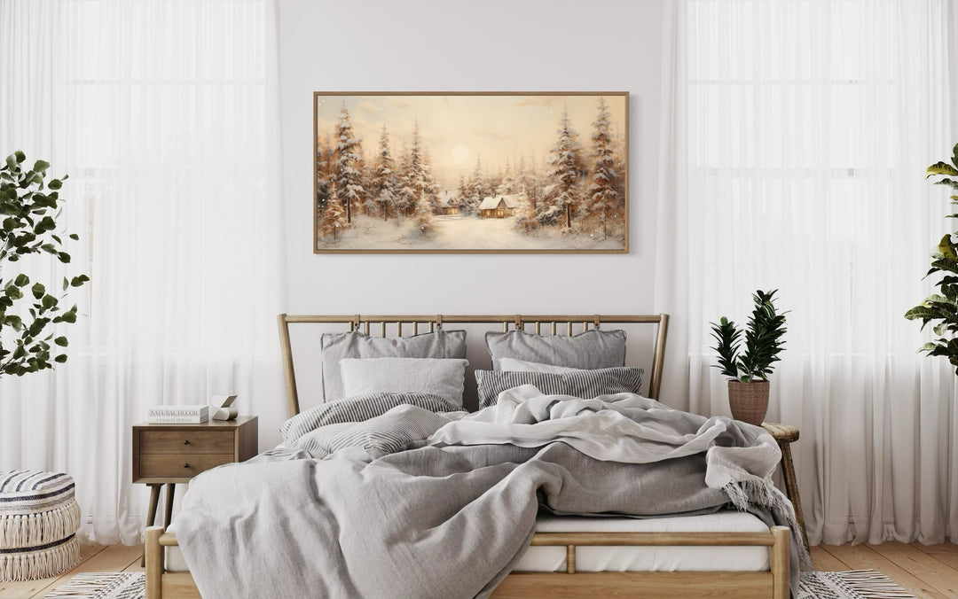 Christmas Village With Fir Trees Winter Framed Canvas Wall Art above rustic bed