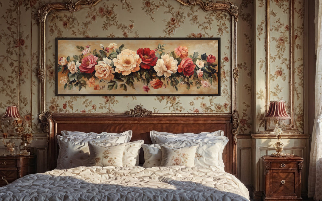 Vintage Floral Boho Horizontal Framed Tapestry Canvas Wall Art above antique style bed