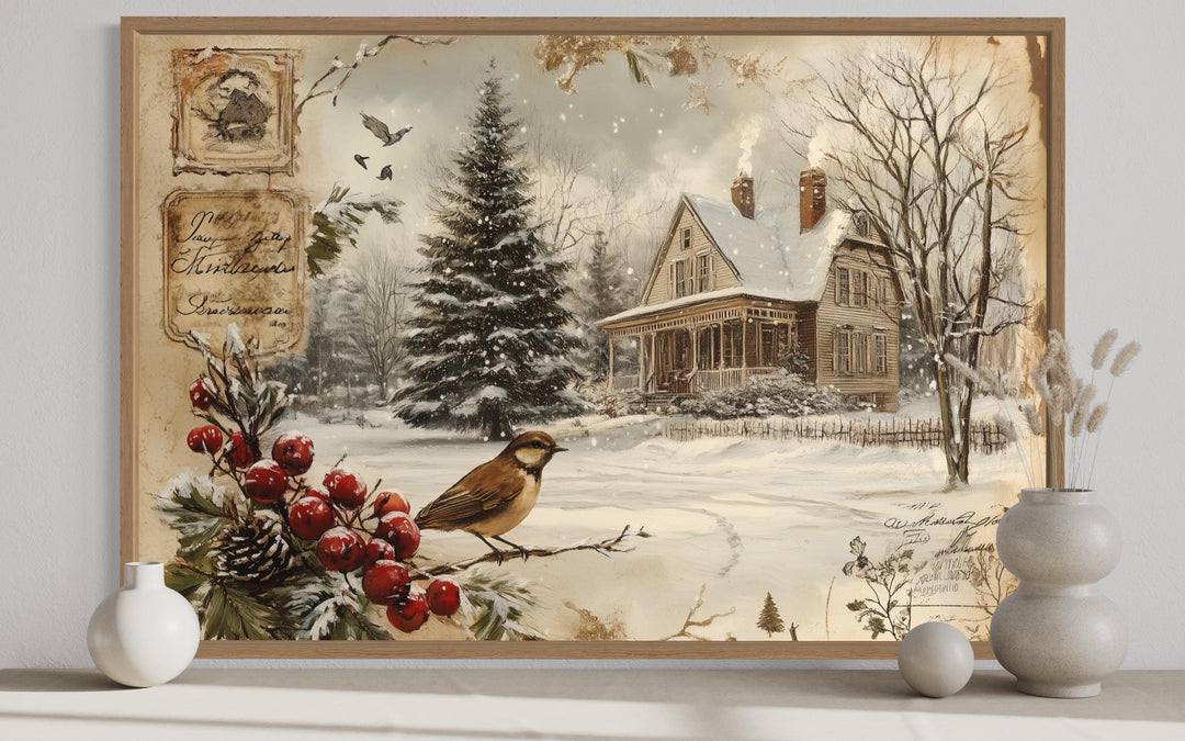 Vintage Christmas Postcard And Winter Bird and House Canvas Wall Art