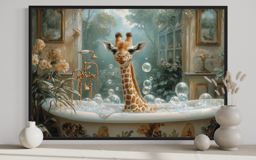 Giraffe in a Bathtub Framed Canvas Wall Art close up