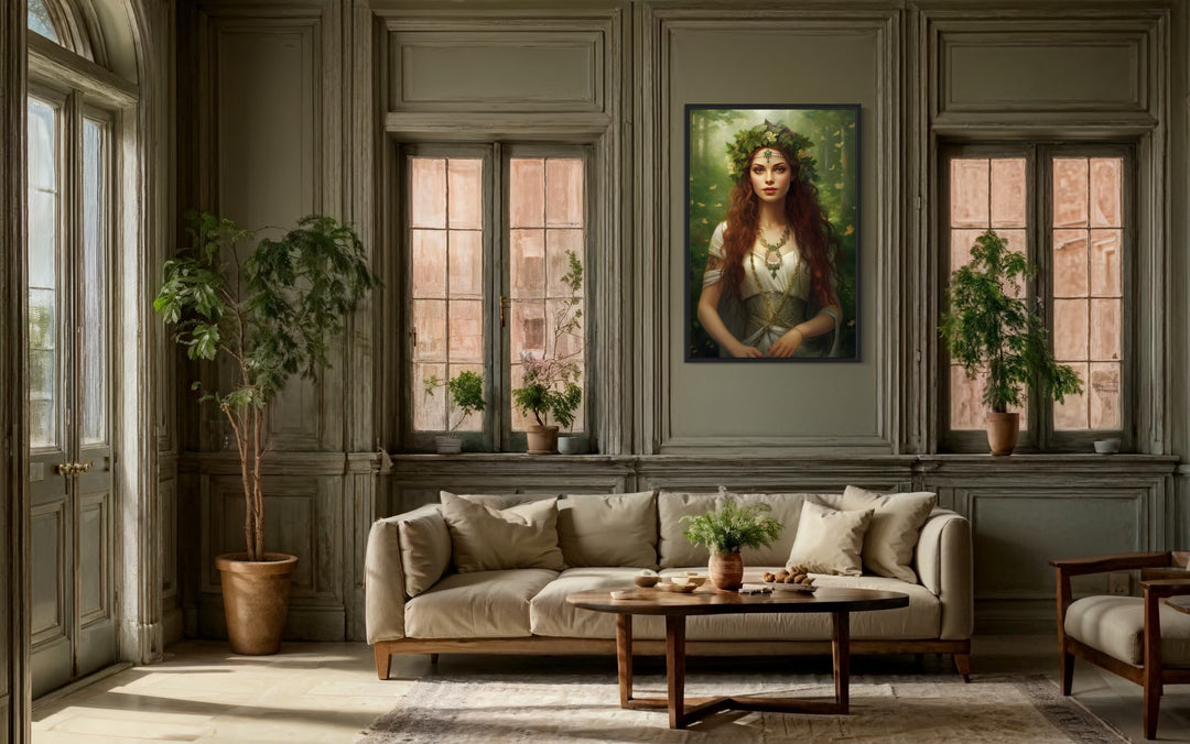 Aine Irish Goddess of Summer, Wealth and Sovereignty Framed Canvas Wall Art in a living room filled with furniture