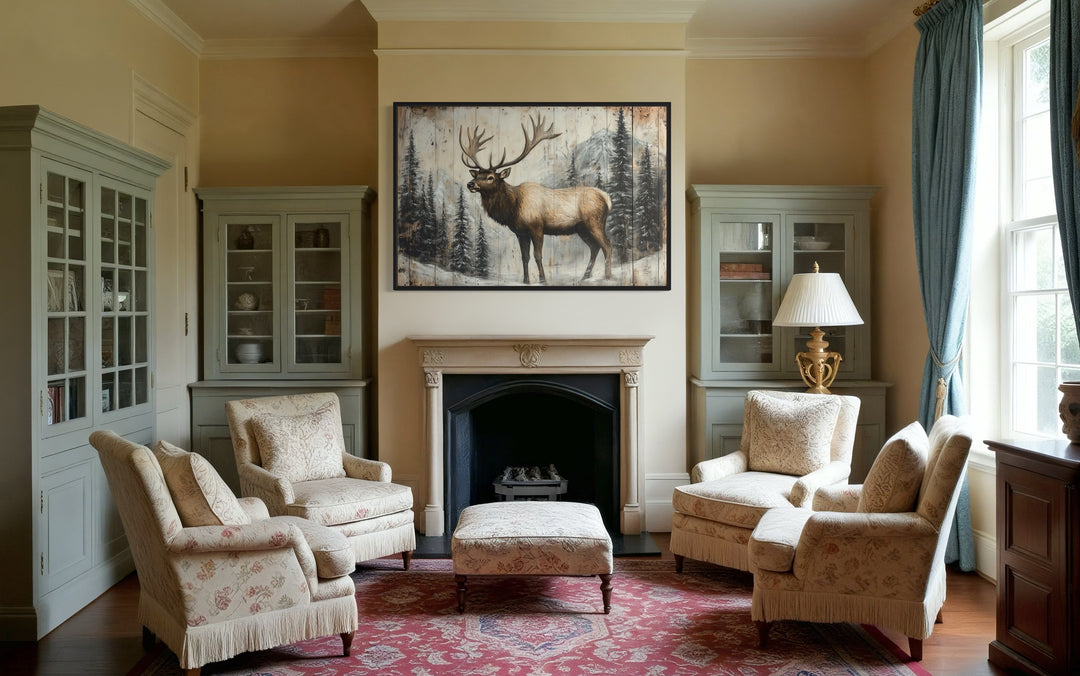 Elk In Winter Fir Tree Forest Painted On Wood Rustic Framed Canvas Wall Art in cabin above mantel