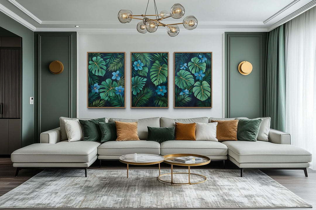 Rainforest Canvas Wall Art – Set of 3 Tropical Botanical Prints | Green Gold Blue
