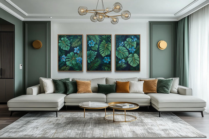 Rainforest Canvas Wall Art – Set of 3 Tropical Botanical Prints | Green Gold Blue
